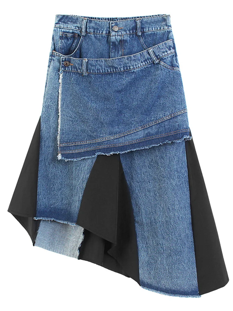 [EWQ] Irregular Denim Skirt 2024 Summer Personality High Waist Loose Streetwear Mid Length Midi Skirts Y2k Ruffle Hem Clothes