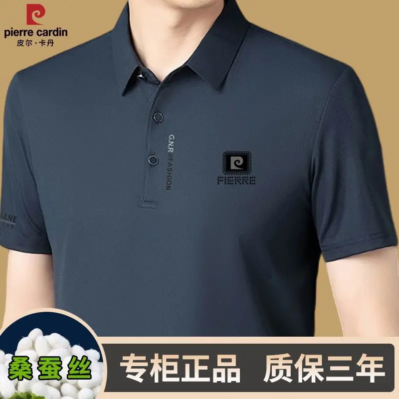 Pierre Cardin Camiseta de seda de manga corta para hombre, Polo informal holgado y cómodo de verano, Top de moda ligero y transpirable