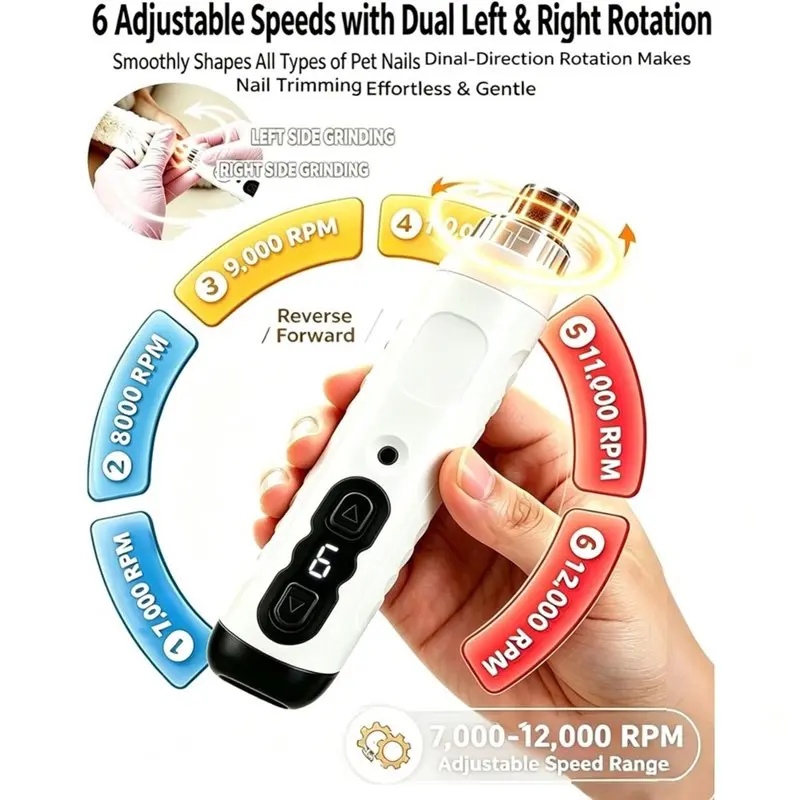 ABMR-6-Speed Forward & Reverse Quiet Pet Nail Grinder For Dogs & Cats Painless Trimming Fits Small, Medium & Large Pets