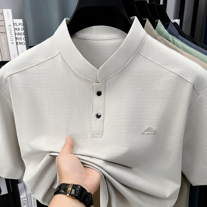 Mens Casual Short Sleeve Sport Polo Shirt Mandarin Collar Tops With Button Neck Lightweight Breathable Mesh Tees For Men