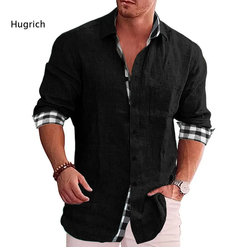 Men Long Sleeve Lapel Collar Casual Shirt Chest Pocket Plaid Contrast Cuff Button Top For Leisure Time Daily Social Occasions