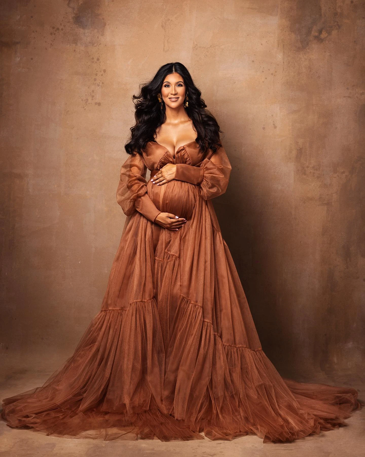 Brown Tulle Maternity Gowns for Pregnancy Photo Shoot Long Sleeve Girls Photography Babyshower Dresses Bathrobe Wear