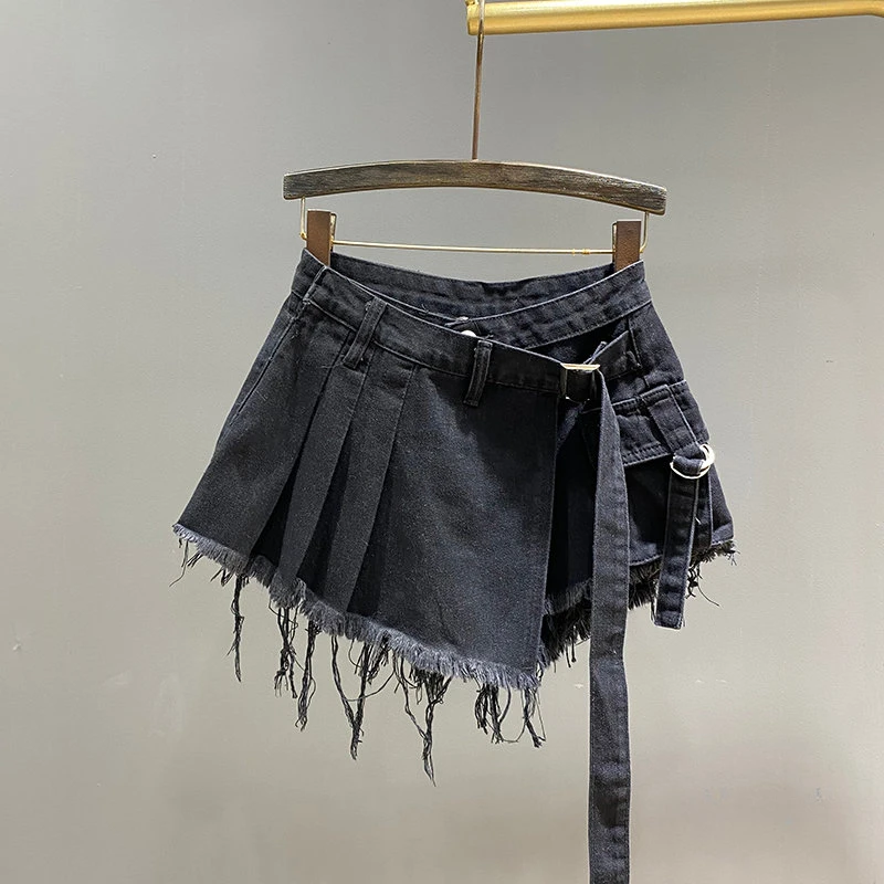 Imagem -03 - Saia Curta de Jeans Irregular Feminina Cintura Alta Emagrecedora Falsa de Duas Peças Roupa de Trabalho Linha a Minissaias Curtas Verão 2023