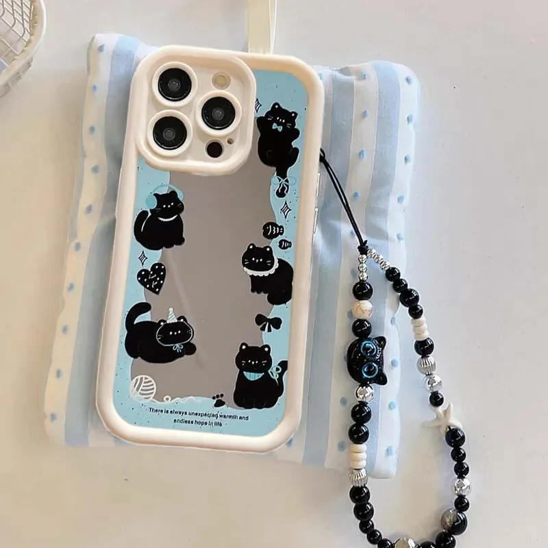 INS الكورية لطيف مرآة القطة السوداء سوار سلسلة جراب هاتف لجوجل بكسل 9 8 7 برو 5G بكسل 7A 8A 9 برو XL غطاء مقاوم للصدمات