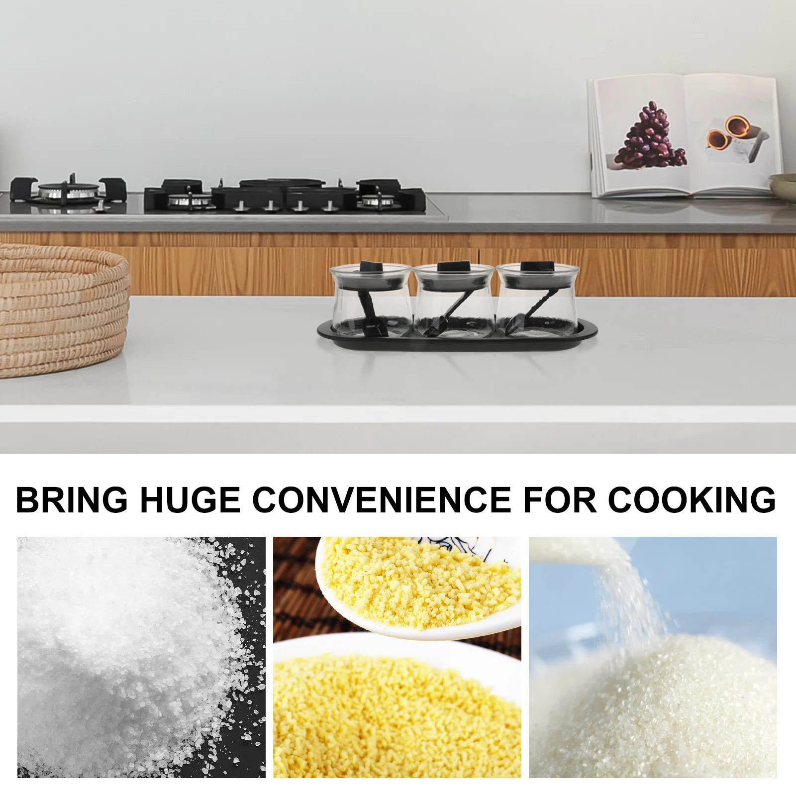 

3Pcs Seasoning Jar Set Clear Glass Lid Tray No Odor Safe Easy Clean Seasoning Bottle Condiment Bottle Condiment Jar