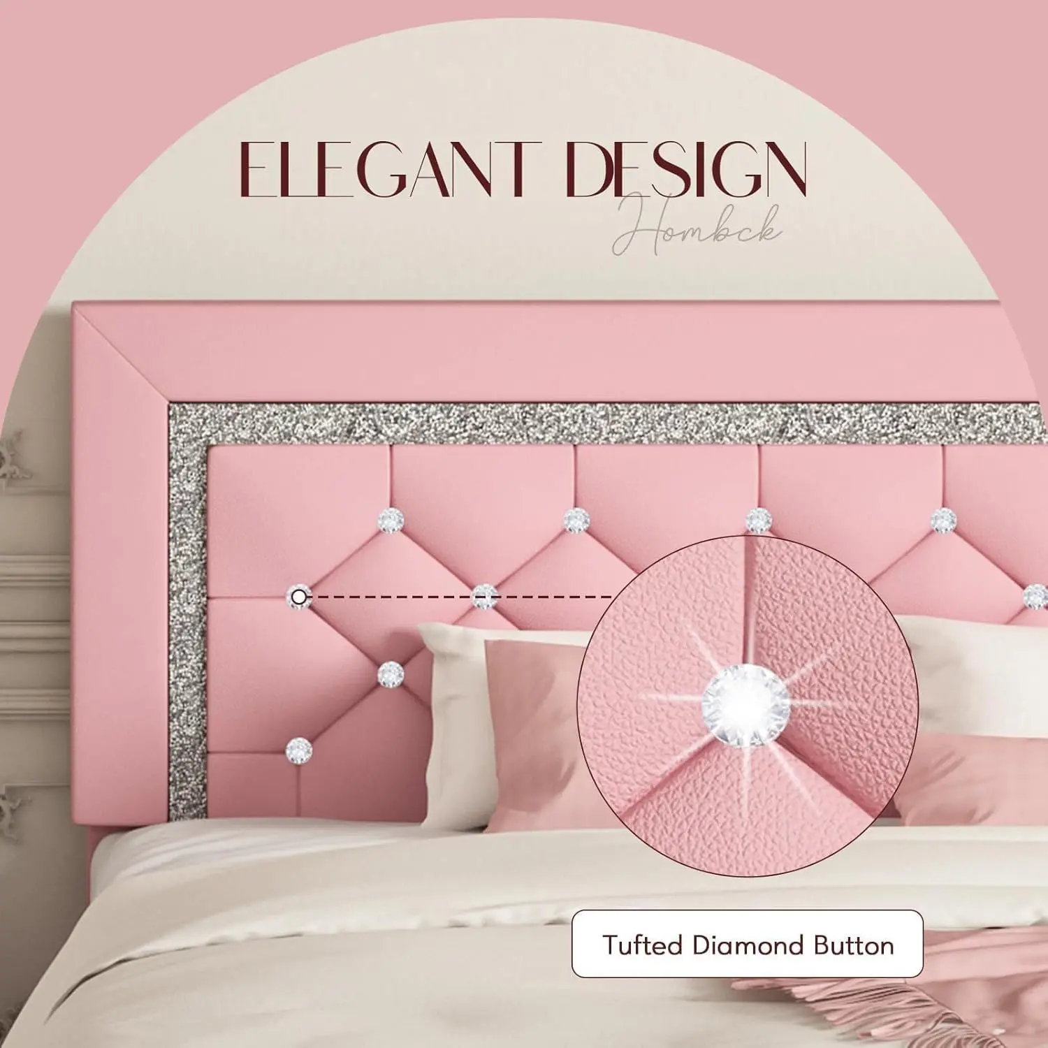 Twin bedframe, roze gestoffeerd bedframe Twin Size met diamanten getuft hoofdeinde, Twin bedframe voor meisjes met kunstleer