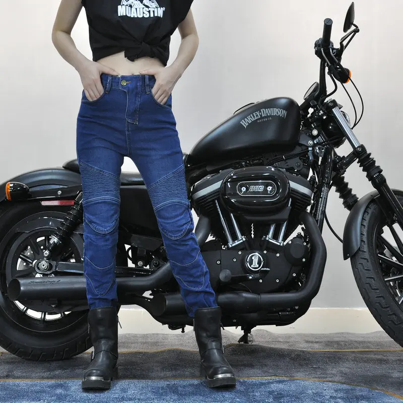 Women Jeans Embroidery Motorcycle Pants Pantalon Motocross Belt Protective Gear option Motorcycle Driver License Test Moto Jeans