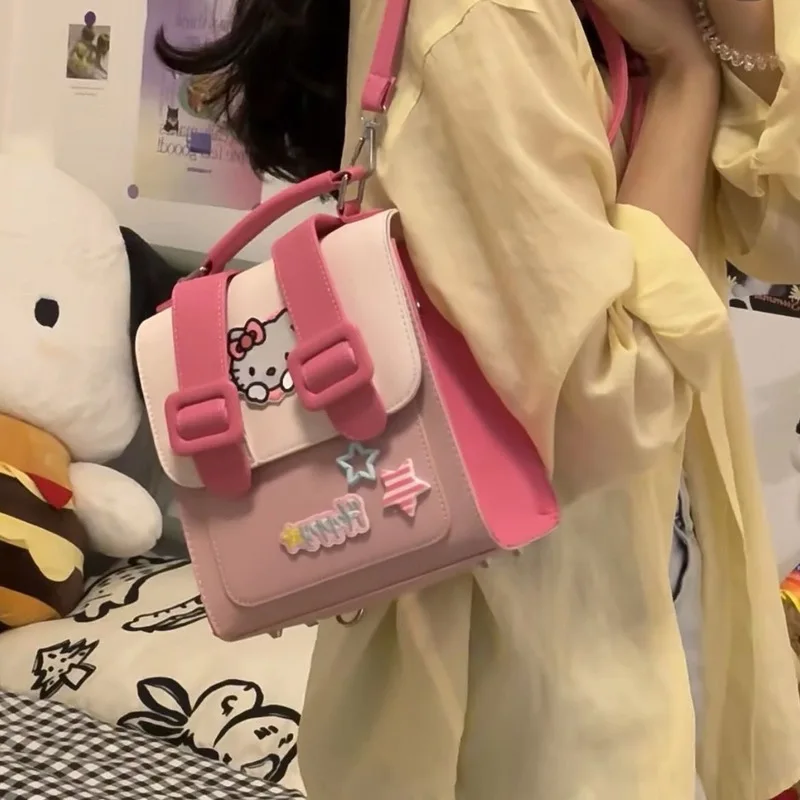 Super Sweet Dopamine Cambridge Bag 2024 Cute Hello Kitty Contrast Color Backpack Girls Crossbody Small Square Bag with Stickers