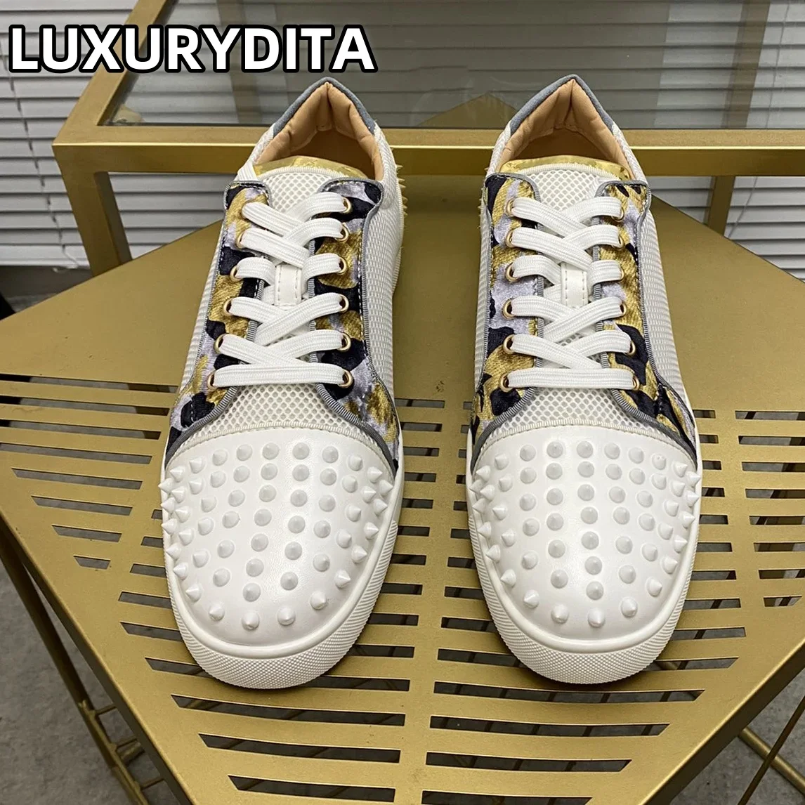 

Top Quality Womens Trendy Casual Tennis Shoes Luxury Mens Real Leather Sneakers 35-48 Designr Rivet Red Sole Lovers Shoes M0246