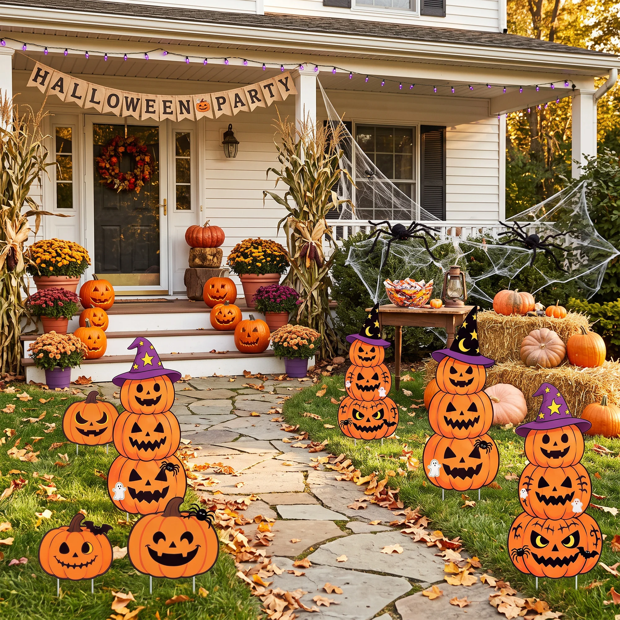 10 Pack Halloween Pumpkin Yard Stakes, Corrugated Plastic Garden Signs with Witch Hat & Ghost Motifs, Weather‑Resistant Lawn Decor for Trick‑or‑Treat, Yard, Garden & Patio