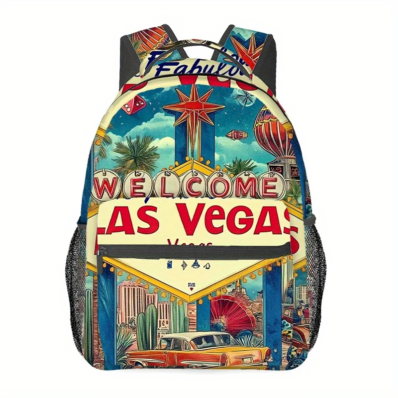 

Lightweight High-Capacity Casual Backpack with Vintage Welcome to Fabulous Las Vegas Print, Adjustable Shoulder Straps Zipper