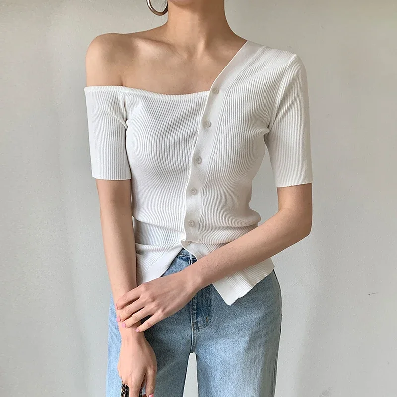 White Chic Knitted Tops Women 2023 Summer Single-breasted Irregularity Neck Pullovers Ladies Korean Streetwear Y2k Knitwear