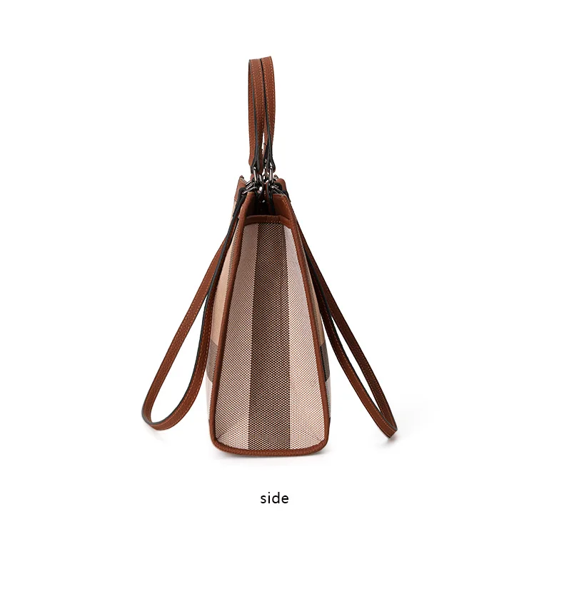 Vintage Karierte Canvas-Leder-Kombination Tragetasche Damen Handtasche mit Verschluss Große Kapazität Schultertasche für Alltag Arbeit Reise – Detail 8