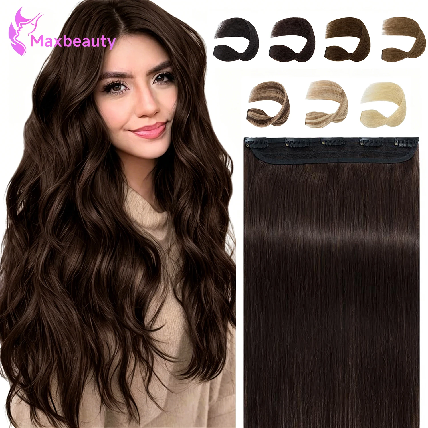 Dark Brown One Piece Hair Extensions Silky Straight Clip In Human Hair 5 Clips 3/4 Full Head Clip On Hair Extensions For Women