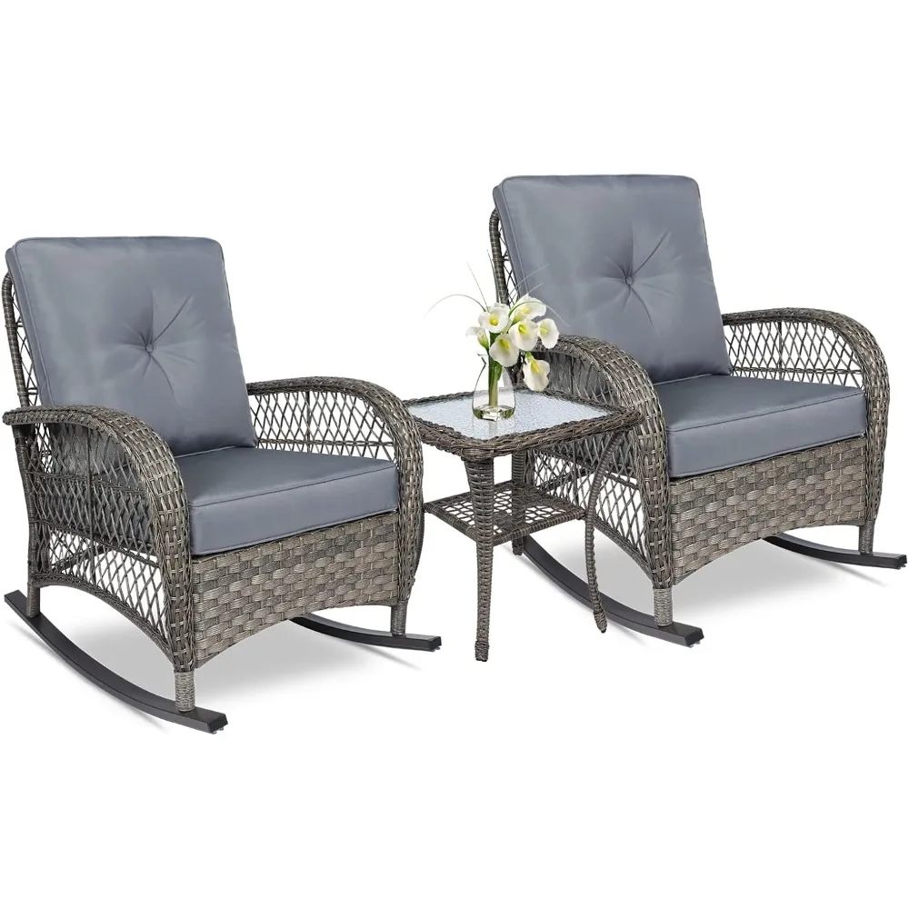 3-Piece Outdoor Conversation Bistro Set, W/ 2 Rattan Chairs, Cushions, Glass Top Side, Patio Wicker Rocking Chairs Rattan Sets