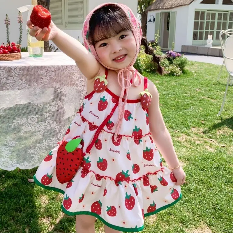 Baby Kids Summer Children Cotton Strawberries Princess Sleeveless Slip Dress Birthday Party Childrens Girls Kids Beach Skirts