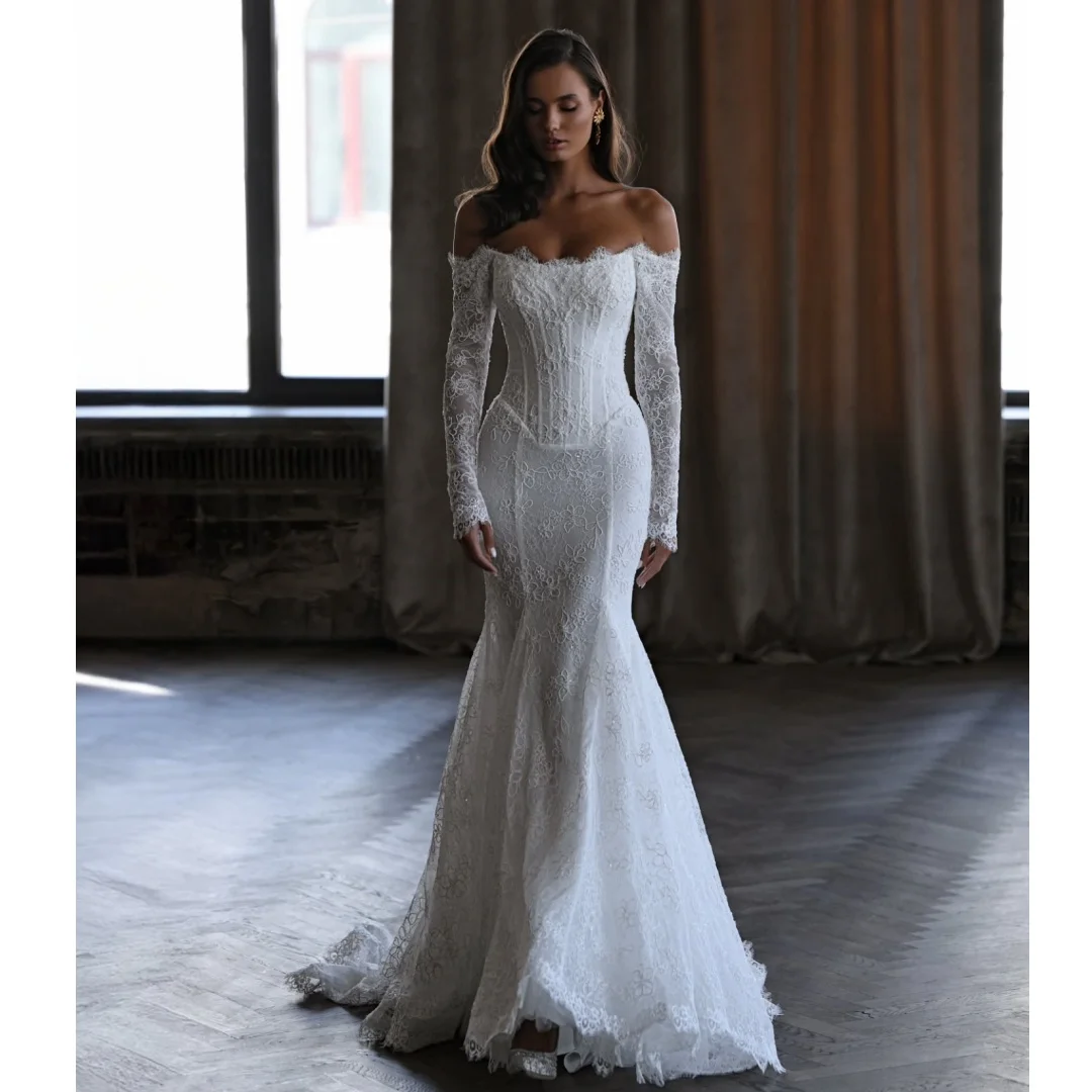 

Mermaid Wedding Dresses White Lace Long Sleeves Bridal Gown Off the Shoulder Corset Party Dress robe de mariée Customized