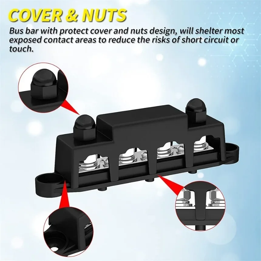 12V Power Distribution Block 250A Bus Bar Terminal Block with Cover M8 / M10 4 Way Terminal Studs 48VDC 300VAC for Car Boat 1SET