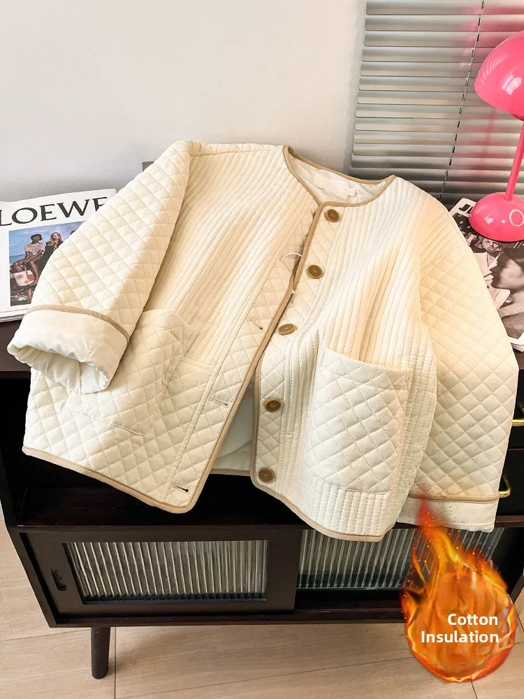 

European Sle Quilted Striped Cotton Jaet Women's Winter Loose Casual round Ne Light Thi Warm Cotton Coat