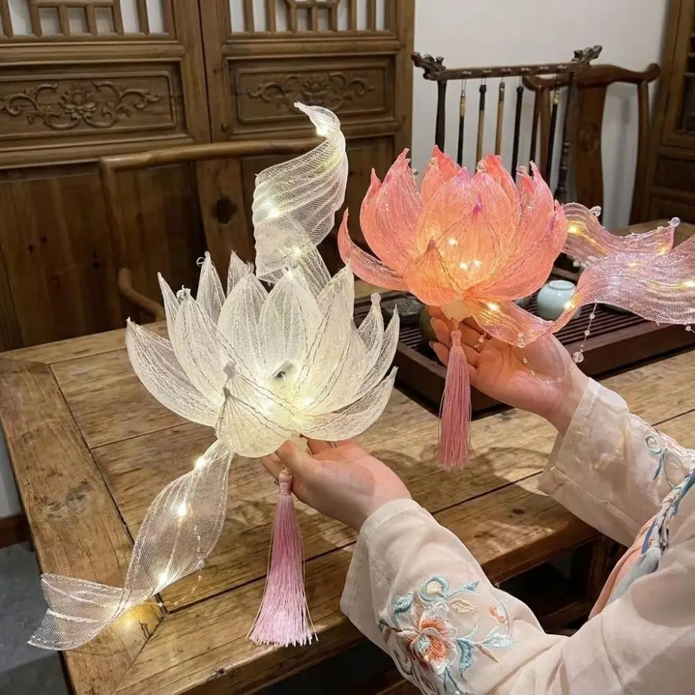 Group Photo Using Led Light Ancient Style Handheld Lotus Lantern DIY Craft Kit Colorful Ribbon ...
