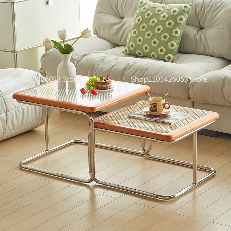 Retro Internet celebrity rattan coffee table household small apartment living room side few combination antique stainless