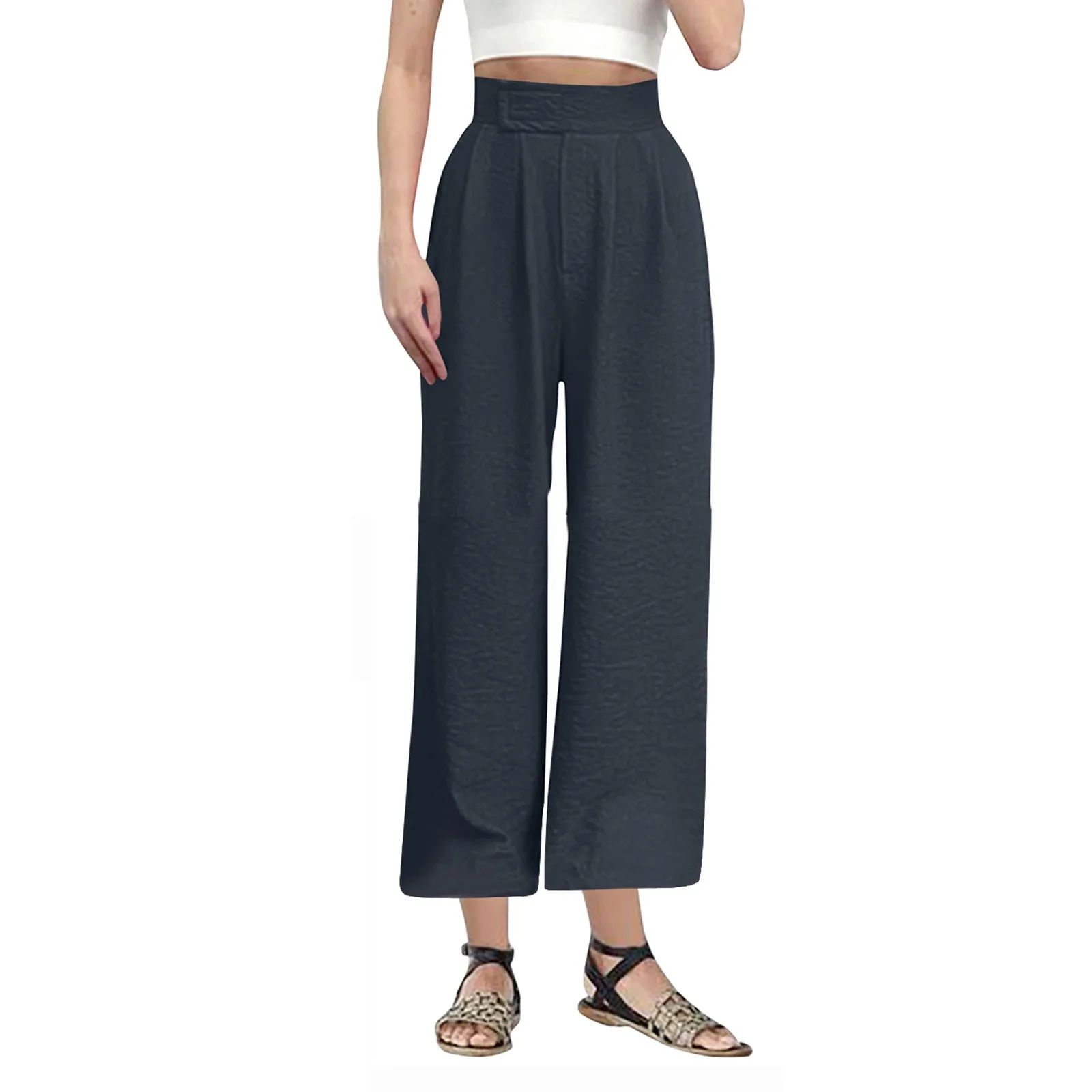 Classic Basic Casual And Comfortable Linen Fabric Straight Leg High Waist Pants For Female Plain Color Versatile Pockts Trousers