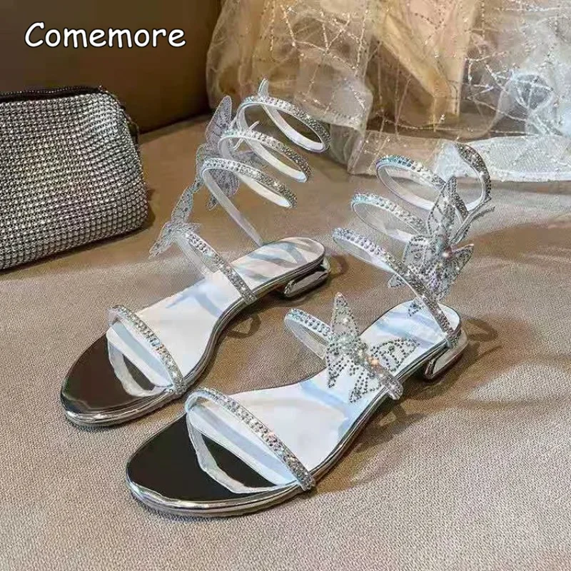 Comemore Summer Crystal Snake Winding Sandals Low Heels 2023 Women Bling Butterfly Roman Sandal Female Sweet Flat Sandals Shoes