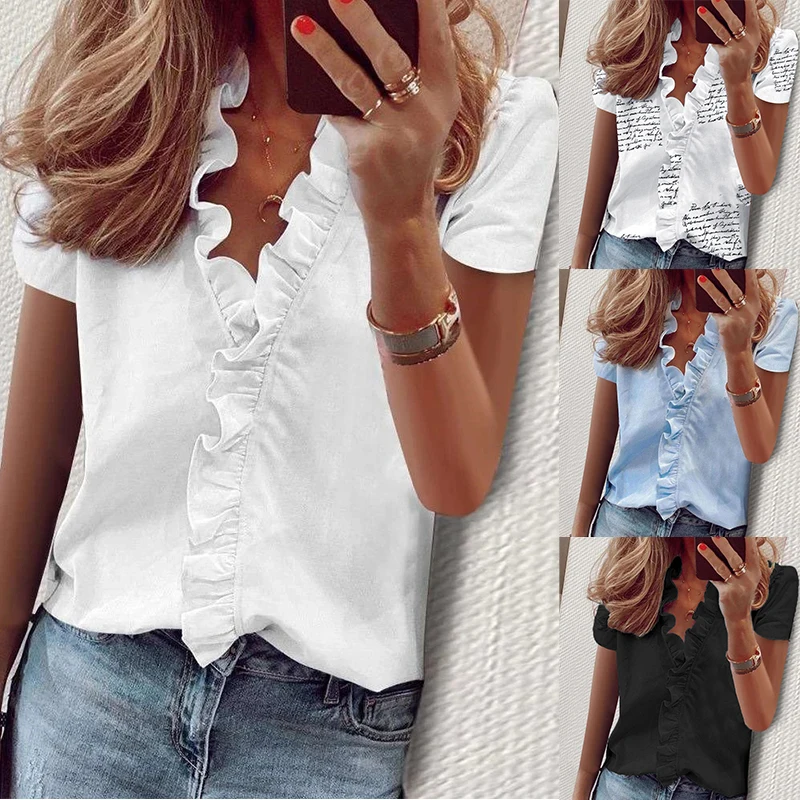 

New women's fashionable V-neck top casual solid color short sleeved T-shirt elegant ruffled edge shirt