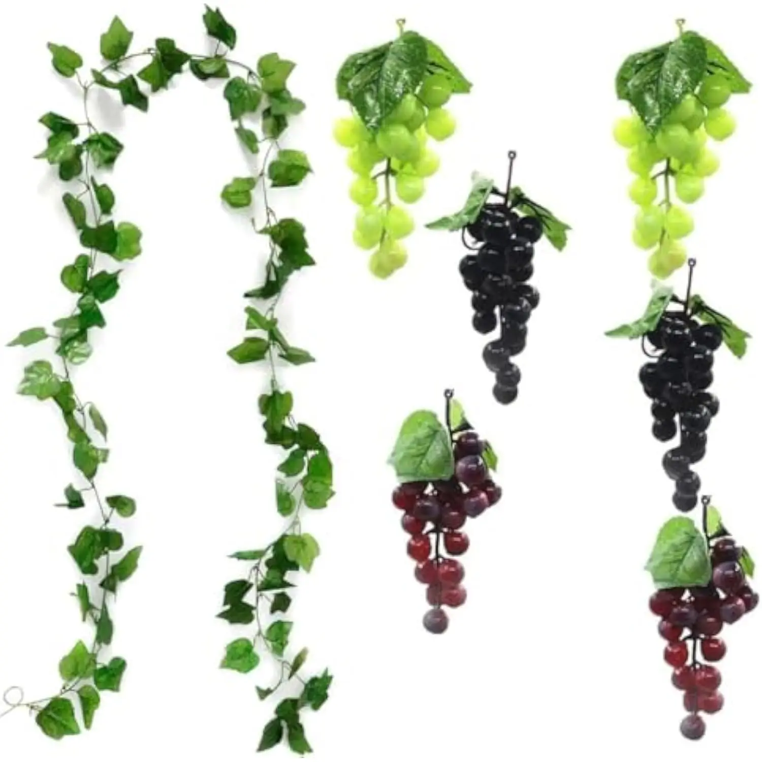 Paquete de 7 uvas de plástico, decoración de frutas artificiales realistas, soportes de frutas artificiales, decoración de jardín y oficina, accesorios para fotos