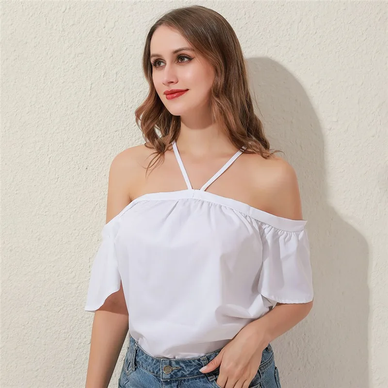 Blusa Halter fora do ombro feminino, camisa sexy sem costas, tops de cor sólida, camisa elegante de manga curta, verão, 2XL