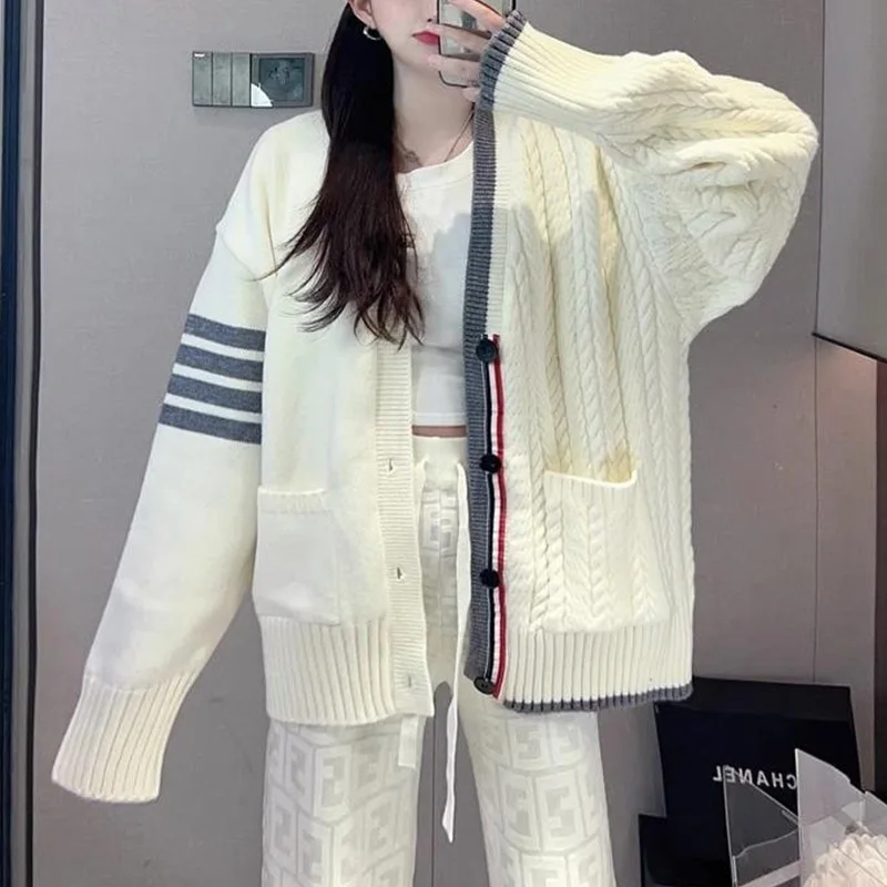 

Свободный вязаный кардиган в корейском стиле с V-образным вырезом, женский, с длинными рукавами, в полоску, на осень-зиму, модная верхняя одежда в стиле кэжуал