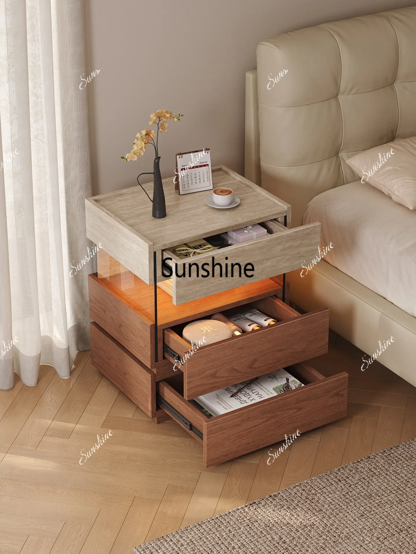 YModern minimalist bedside table in antique travertine solid wood storage with lamp