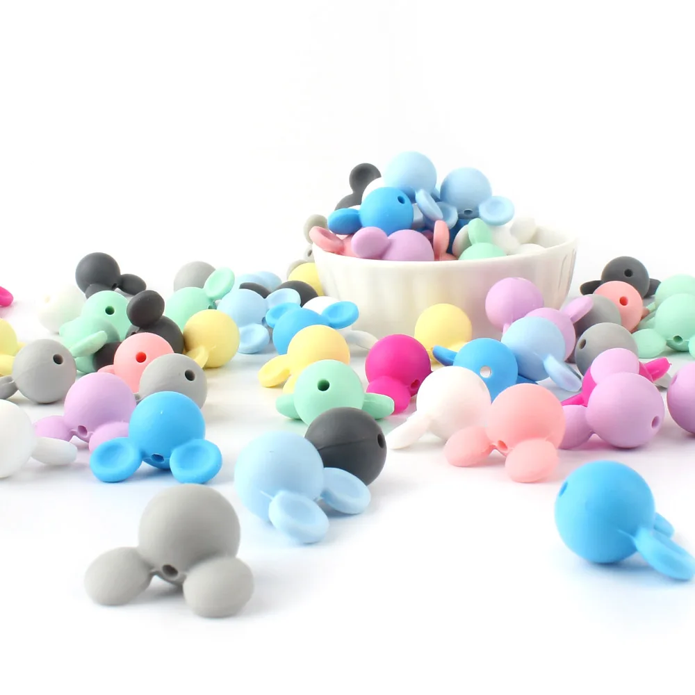 10pcs Cute Mouse Baby Silicone Beads Teething Toy Soft Chew Teether Food Grade BPA Free DIY Necklace Pendant Making Jewelry Bead