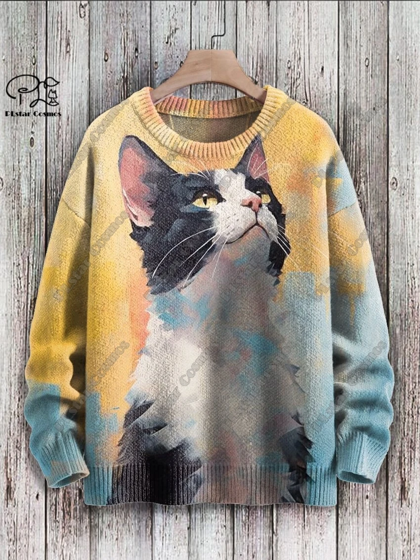 PLstar Cosmos new 3D printed animal series cute funny cat pattern ugly sweater winter street casual unisex M-11