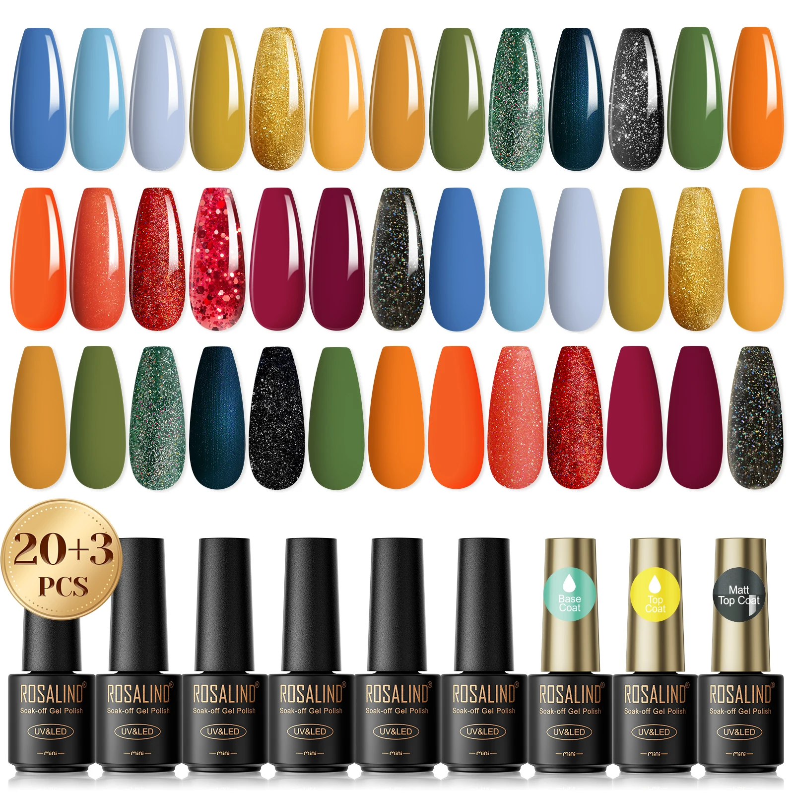 ROSALIND  23pcs Set Nail Gel Hybrid Soak Off Nail Polish Semi Permanent Long Lasting Gel varnishes Need UV/LED Lamp Cure