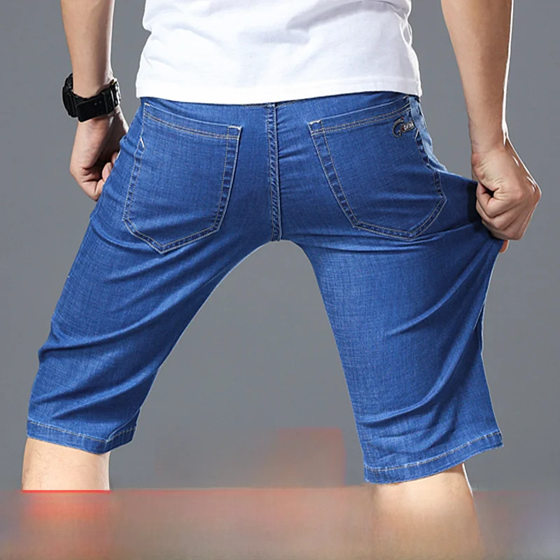 

Ultra-Thin Summer Denim orts Men's High Elastici plus Size Five-Part High Waist Casual Seven-Part Mid-Calf Pants