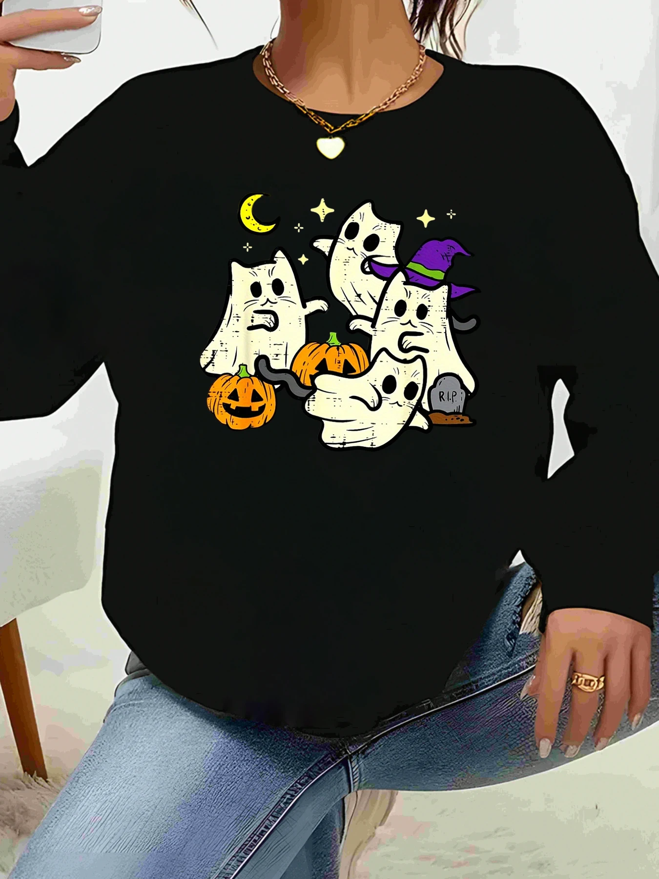 

Свитер с длинными рукавами и принтом «Призрак тыквы» на Хэллоуин, повседневная женская одежда