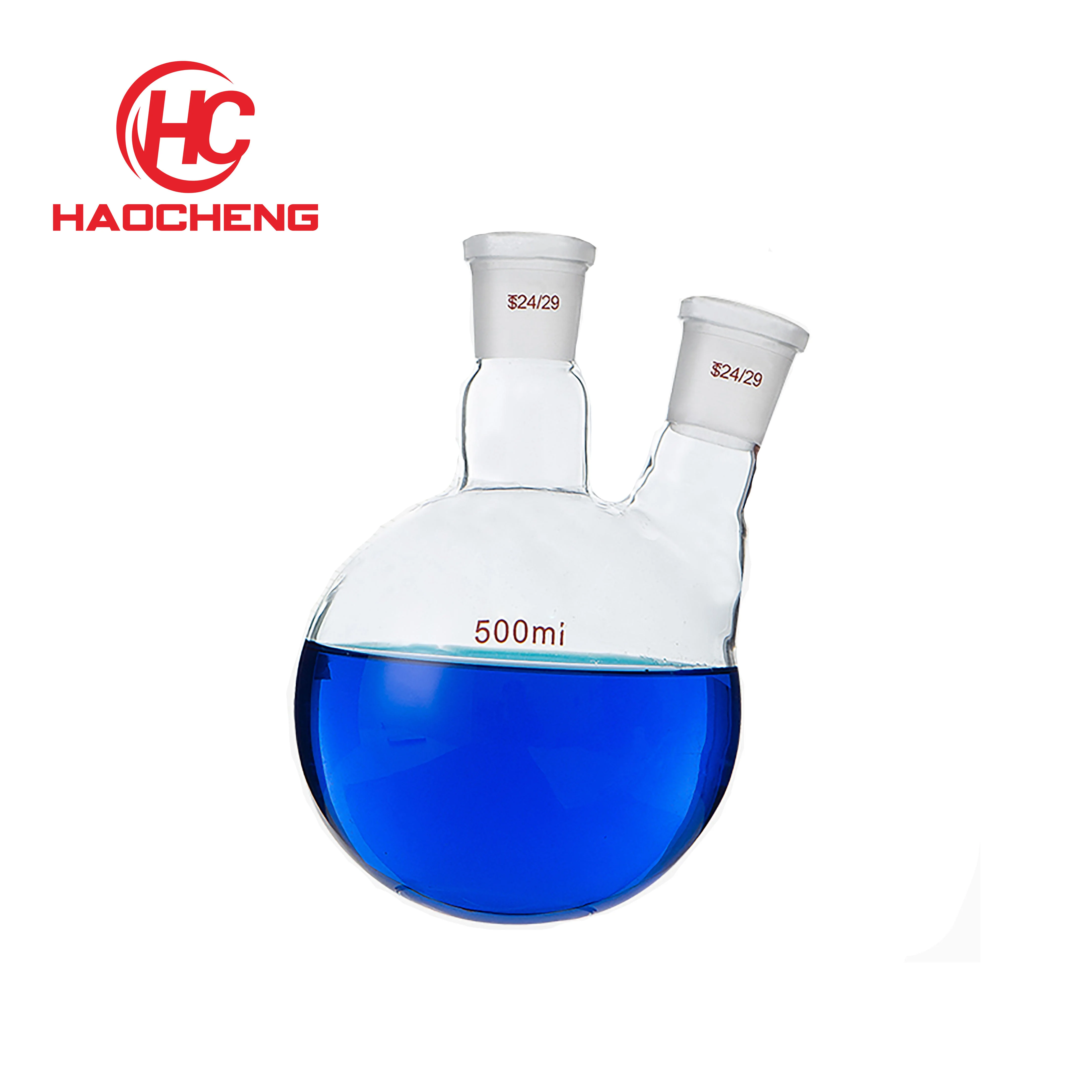 Laboratory high round bottomed glass 2-neck distillation flask with 2 standard angled adapters