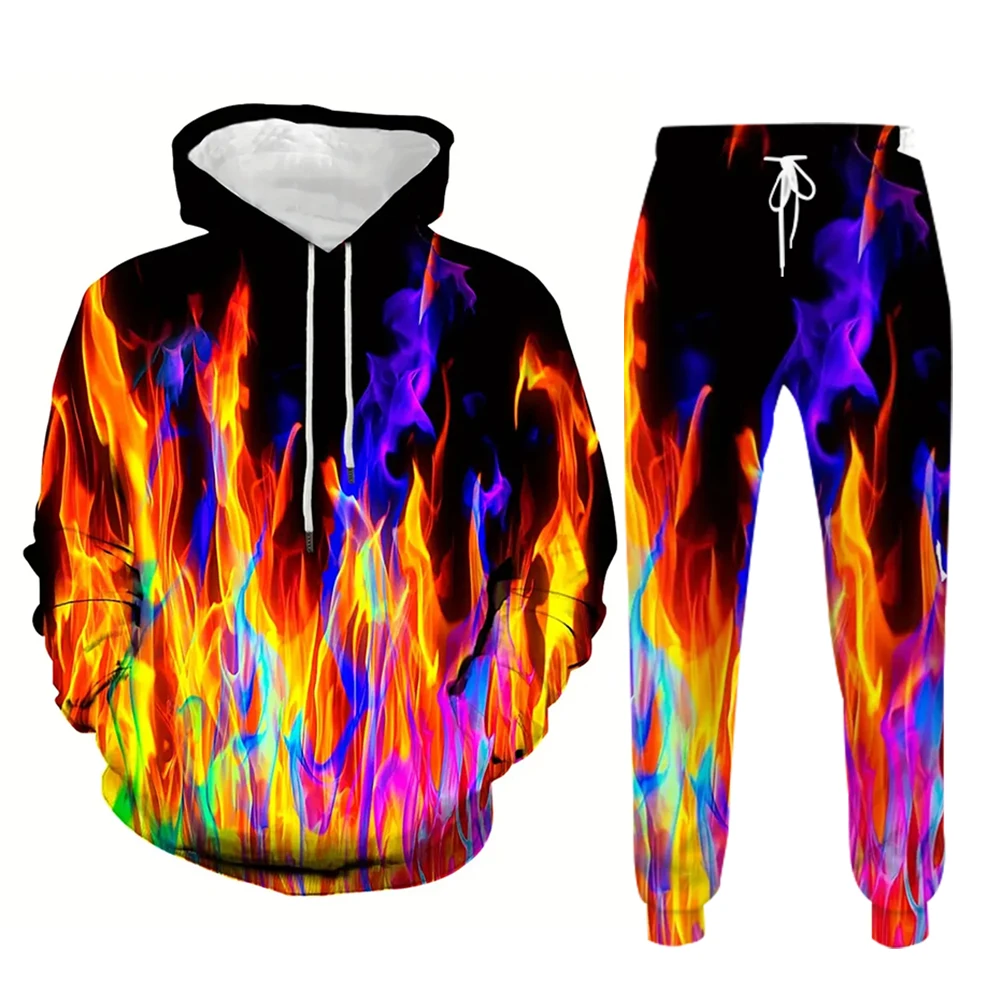 Jesień jasne płomienie 3D bluza z kapturem z nadrukiem garnitur męski bluzy spodnie dresowe moda codzienna dwuczęściowy zestaw dresowy odzież męska