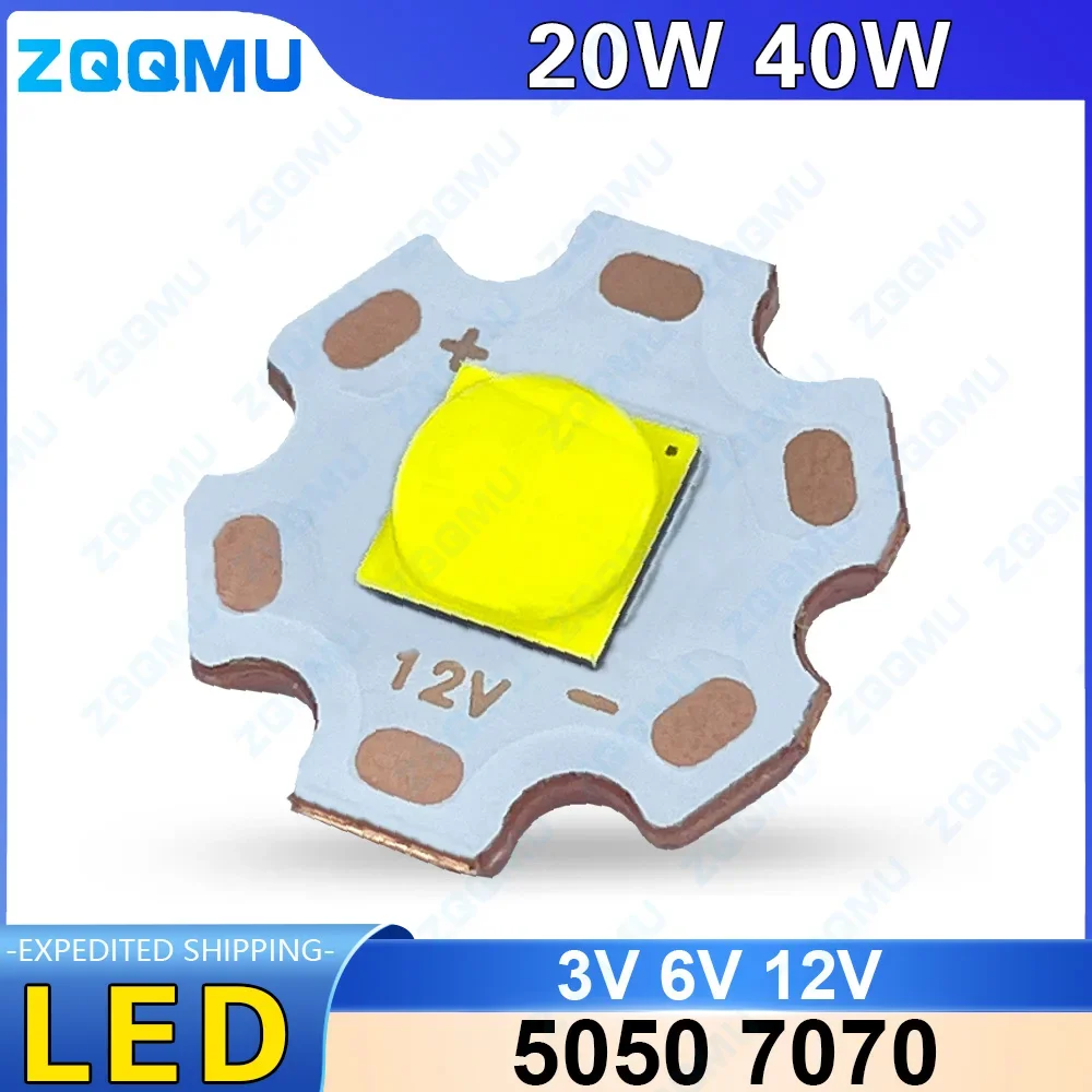 High Power 20W 40W LED Chip 5050 7070 White Warm White 3V 6V 12V with 20MM Copper Base for DIY Flashlight Car Lighting Auto Bulb image 2