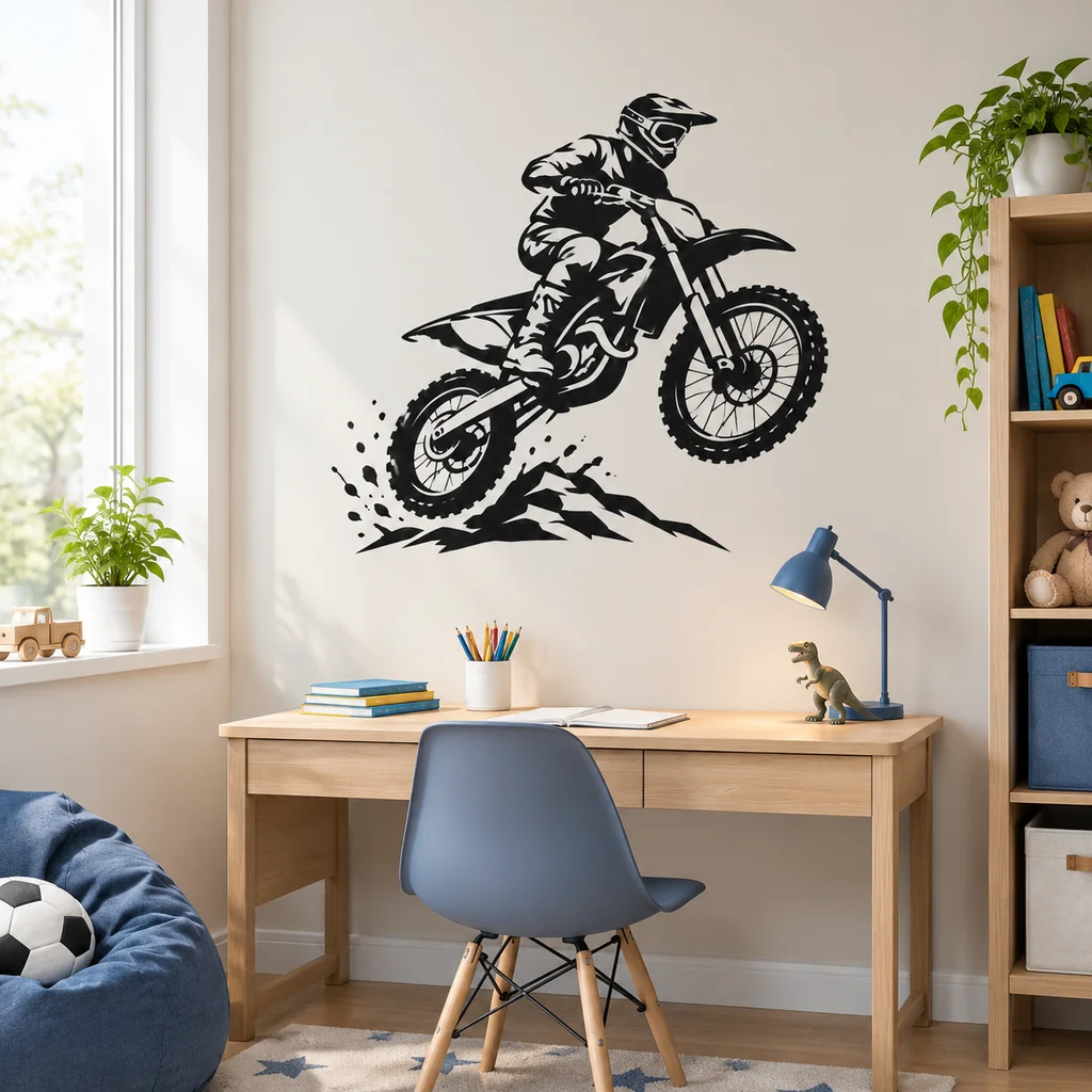 1pc Motocross Dirt Bike Rider Wall Decal, Motorcycle Jumping Mountain Sports Wall Sticker for Kids Room Bedroom Decor