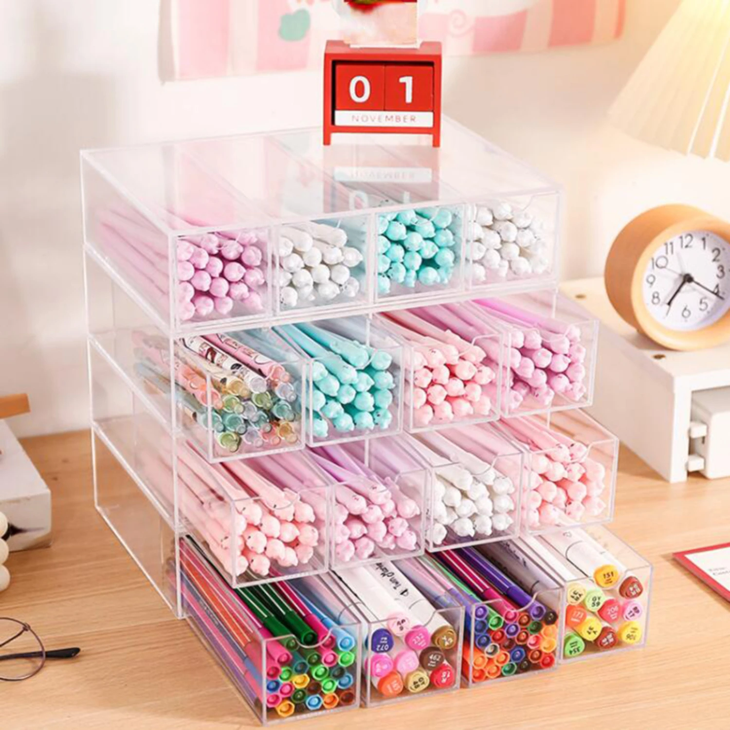 1pc Acrylic  Box - Space-Saving Stackable Design with Four Ample Layers for Maximum , Organizes and Displays Desktop Stationery,