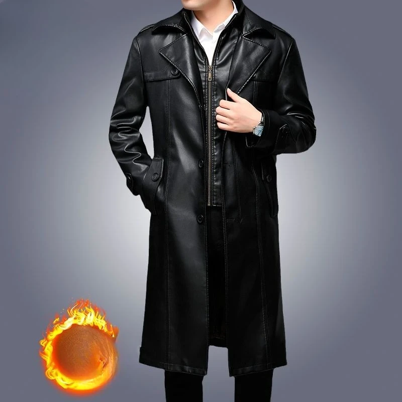 جديد الراقية سترة جلدية الرجال متوسطة وطويلة جلد العجل سترة دعوى الصوف سميكة وسيم خندق معطف جلد طبيعي #1