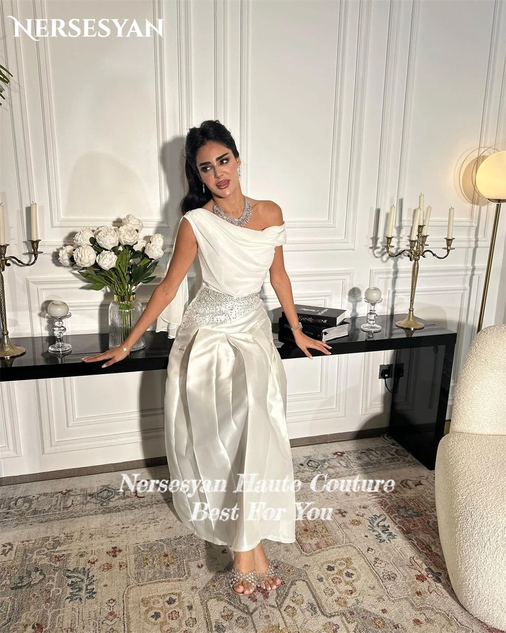 Nersesyan Elegant Glitter Bridal Gowns For Wedding Party Pleats Draped One Shoulder Bride Dresses فساتين حفلات الزفاف  Saudi