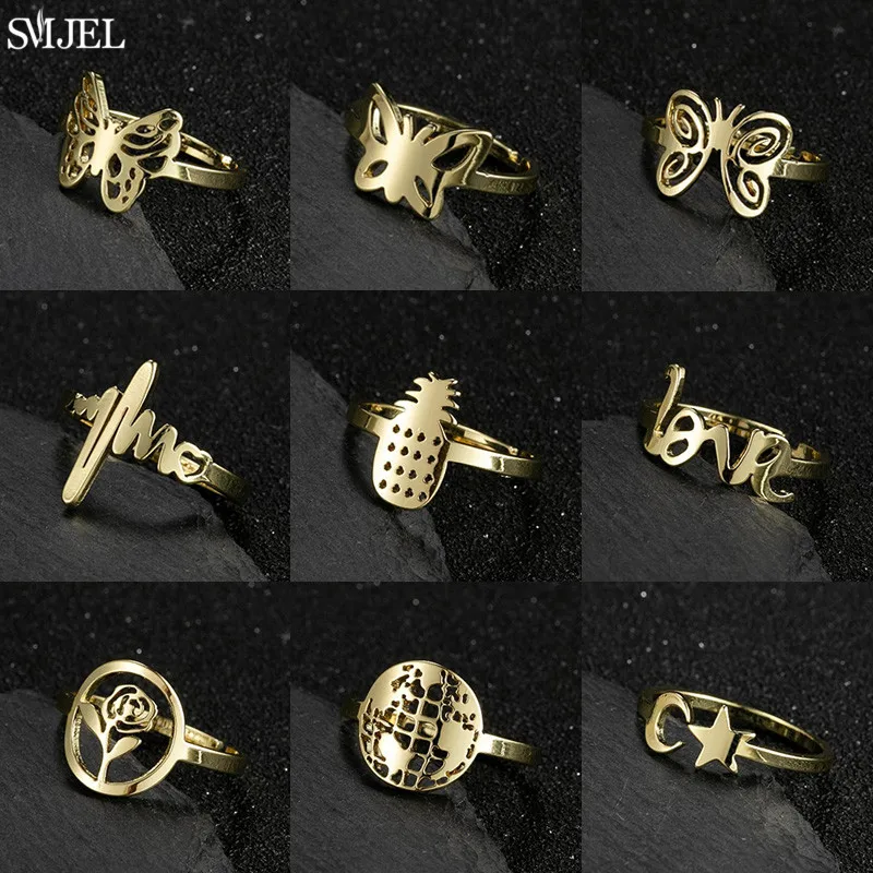 Anillos Vintage de animales y mariposas para mujer, bonito anillo de acero inoxidable con latido del corazón de rosa y piña, joyería de boda, bagues pour femme