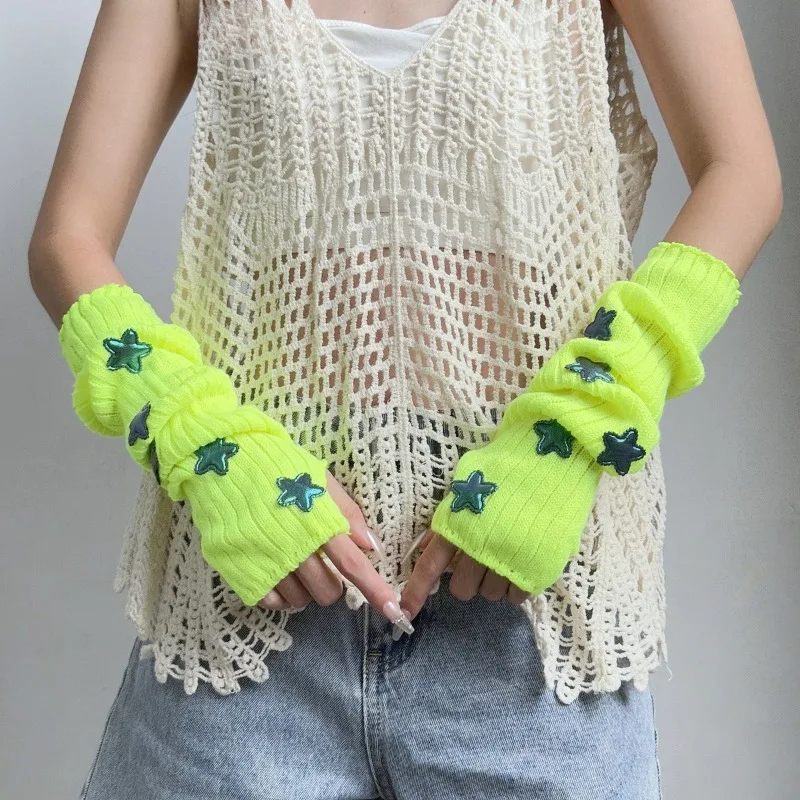 

Y2K Cute Punk Arm Warmers Star Patch Fingerless Gloves Fall Winter Thick Knit Gloves Japanese Kawaii Long Finger Sleeves Mittens