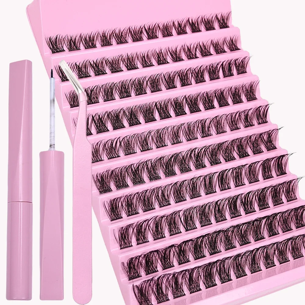 Kit de extensión de pestañas postizas, 120 Uds., con pinzas y adhesivo, grupos de pestañas DIY, herramienta de maquillaje de ojos de longitud mixta