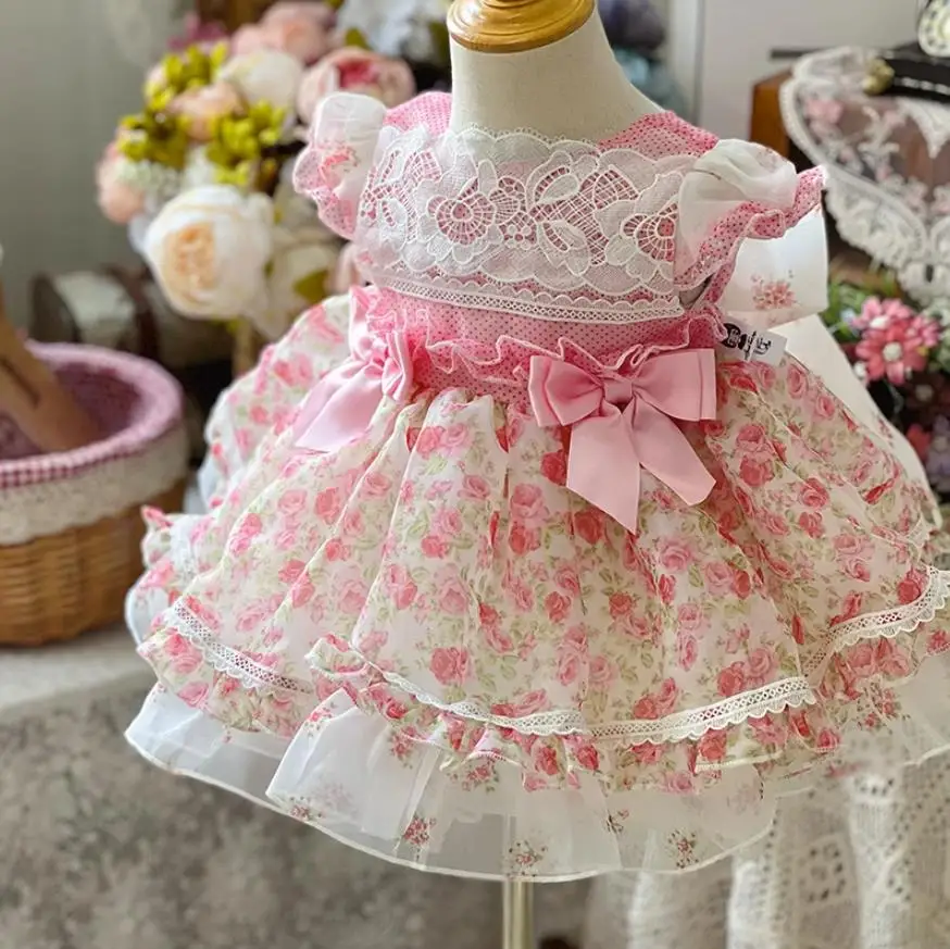 

Summer New Spanish Lolita Princess Ball Gown Lace Bow Design Birthday Baptism Eid Party Dresses For Girls A2916