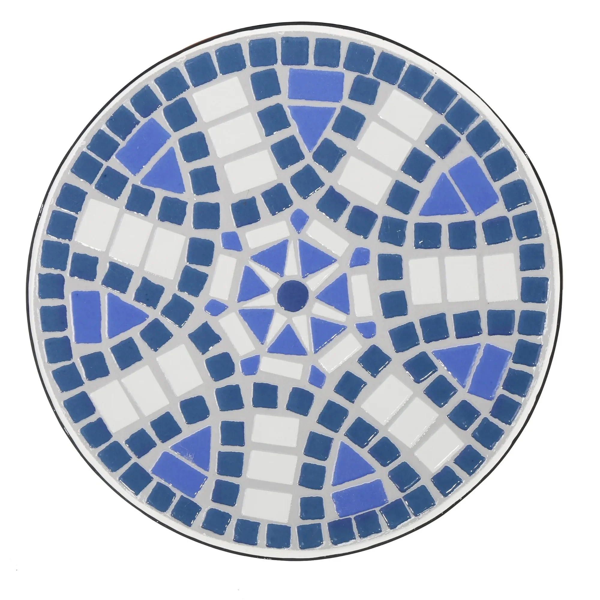 طاولة جانبية من بلاط السيراميك للاستخدام الخارجي باللونين الأزرق والأبيض مع إطار حديدي، طاولة مقاومة للطقس للفناء والحديقة