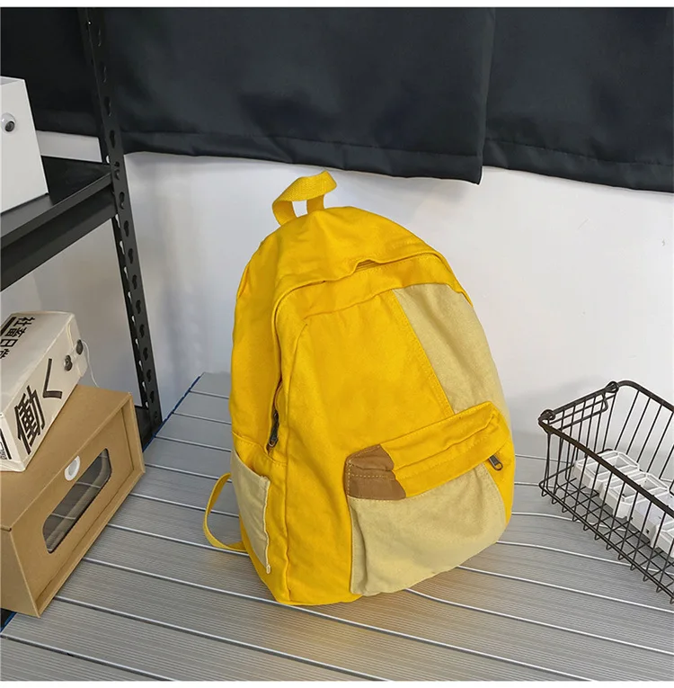 Contrast Color Block Canvas Backpack Large Capacity Casual School Travel Rucksack for Student Daily Use